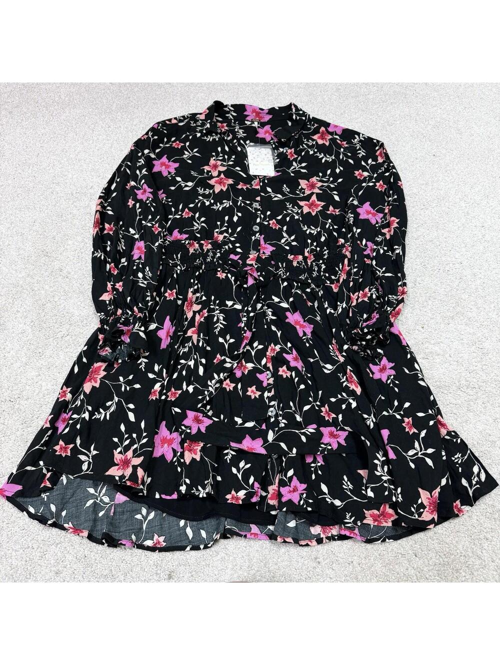 Free People Dress Women’s Black Pink Red White Floral Long Sleeve Size XS NWT